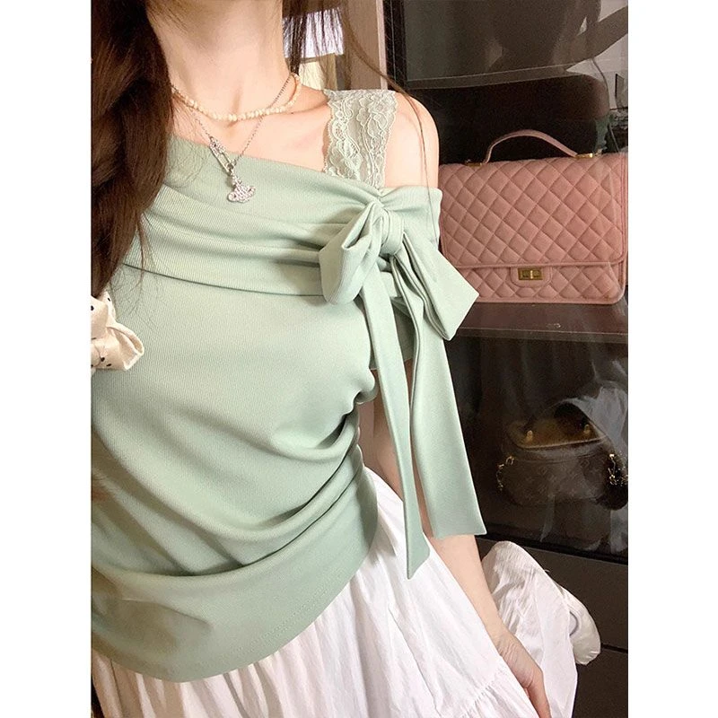 法式气质短款纯欲蕾丝拼接蝴蝶结一字肩短袖T恤女夏季甜美风上衣