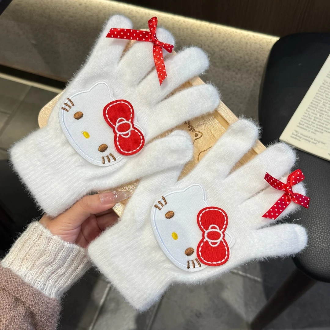 Kt猫蝴蝶结加厚毛绒手套冬季骑行保暖防寒防冻毛茸茸学生手套