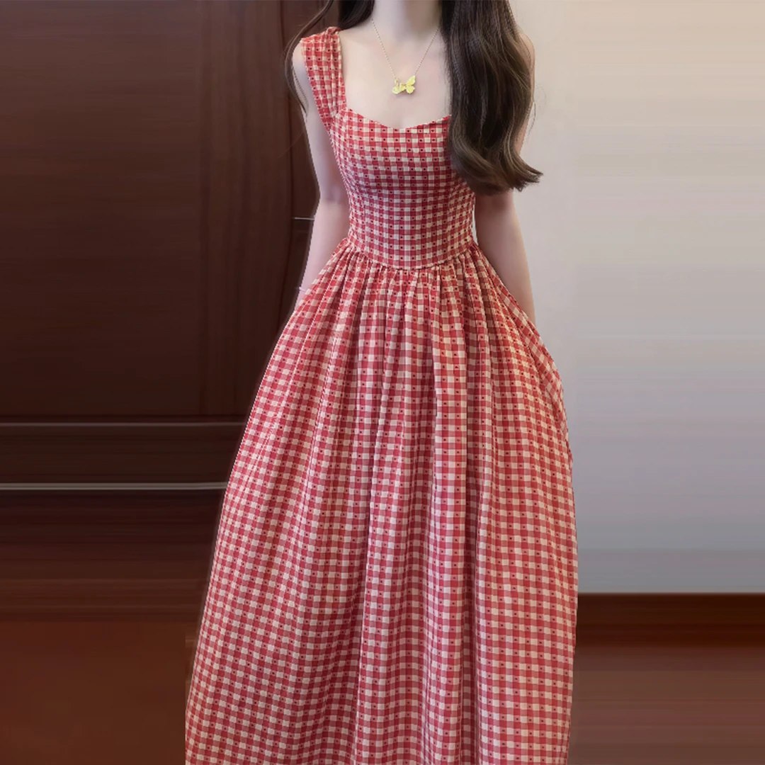 【现货+运补】红色格纹吊带背心连衣裙子女海边度假长裙5032