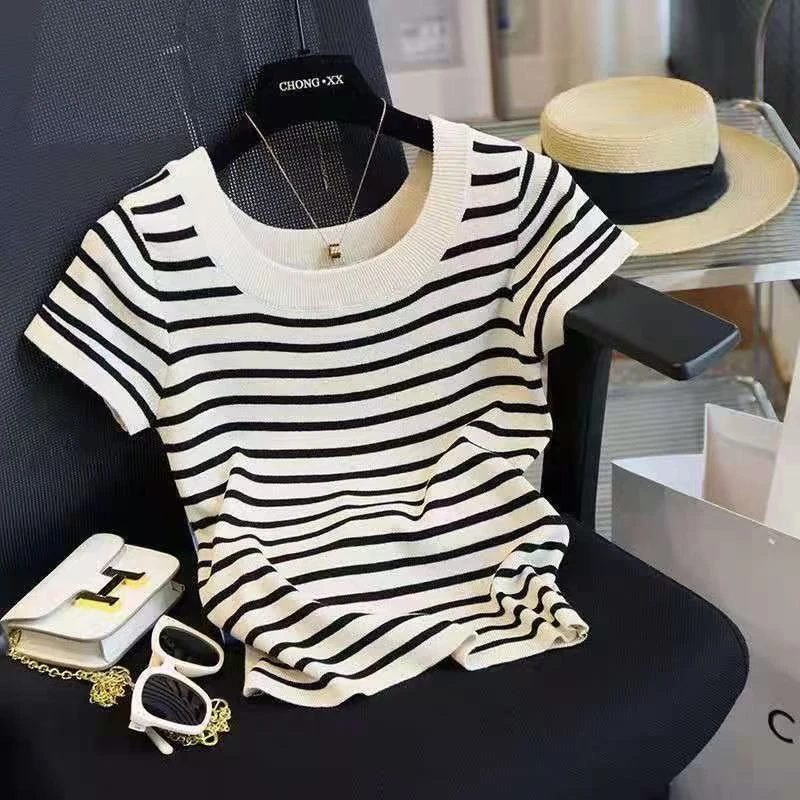 法式条纹针织T恤女U领韩系时尚复古高级感小香风修身显瘦短袖上衣