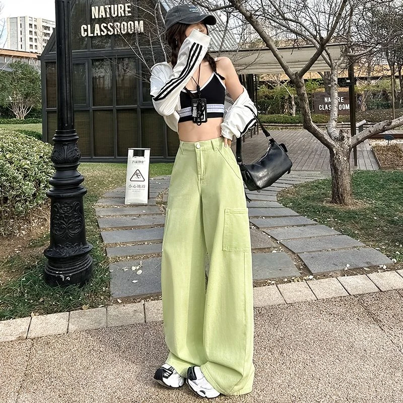 2025春装新款阔腿裤休闲工装裤直筒裤多巴胺流行元素外景