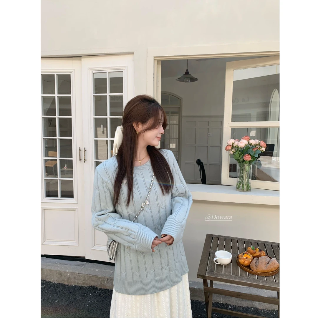 大婉酱千千微胖定制 韩系早春麻花软糯毛衣显瘦慵懒风针织衫7944D