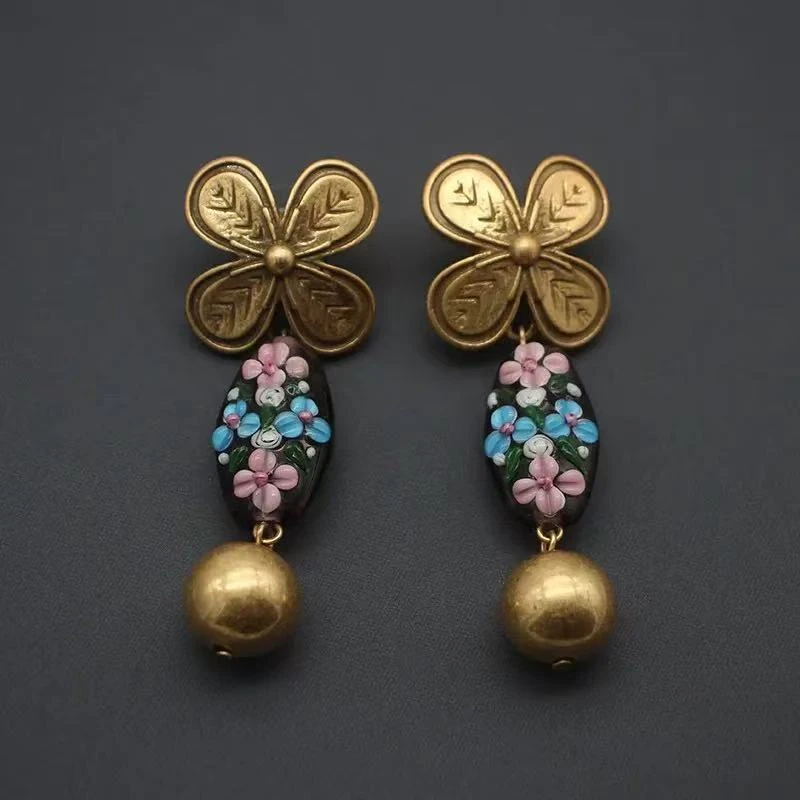 非金属玻璃耳饰 爱妃【新品】金色耳环古法珠宝百搭手工民族风S18