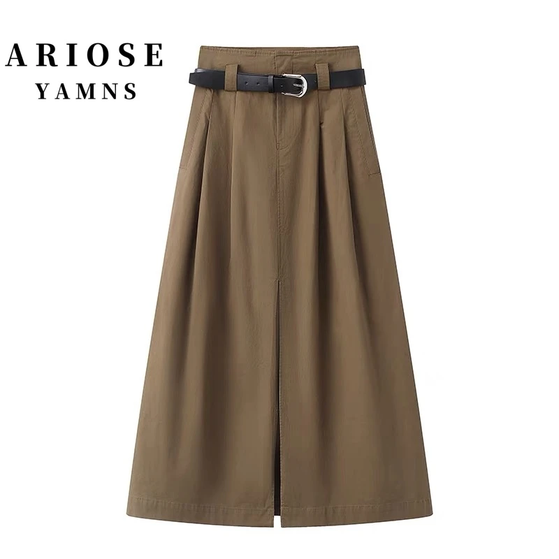 艾诺丝夏季半身裙显瘦口袋高腰显瘦毛呢伞裙中长款宽松垂感系带