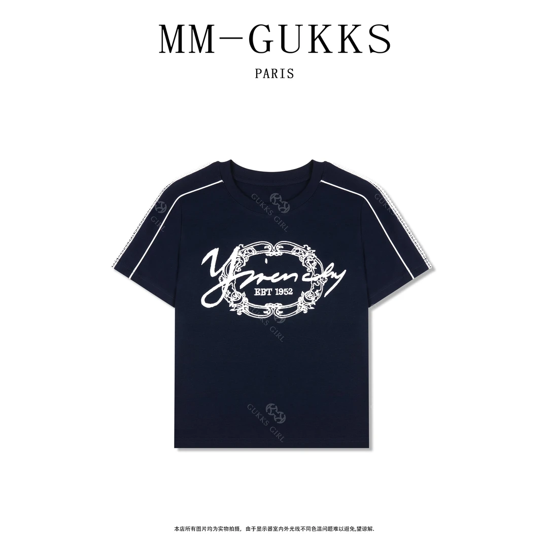明明GUKKS/设计师高定新款圆领字母印花蕾丝边短袖T恤上衣