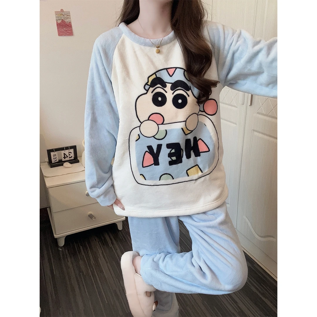 【珊瑚绒】睡衣女冬季可爱小新2025新款加厚法兰绒少女家居服套装