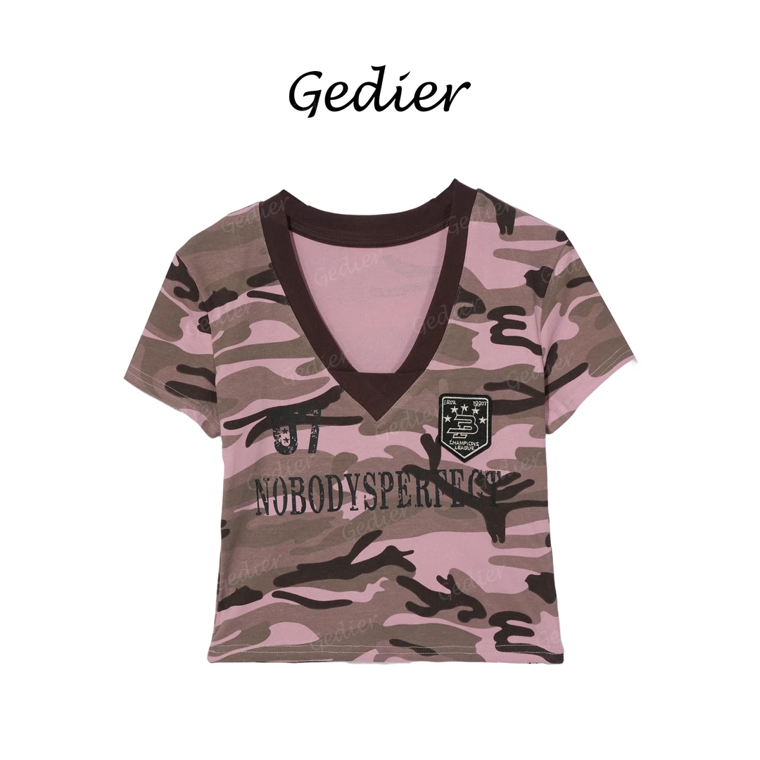 【歌蒂尔】2025年夏季欧若风 时尚迷彩V领短袖T恤 TG520225Y