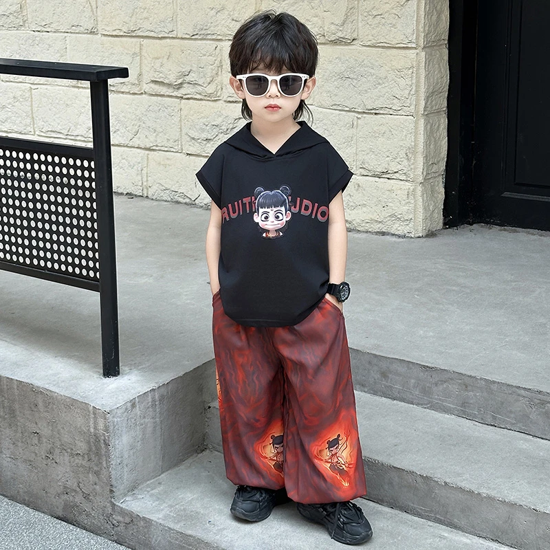 男童夏装套装2025新款儿童夏季卡通背心套装短袖花色阔腿裤两件套