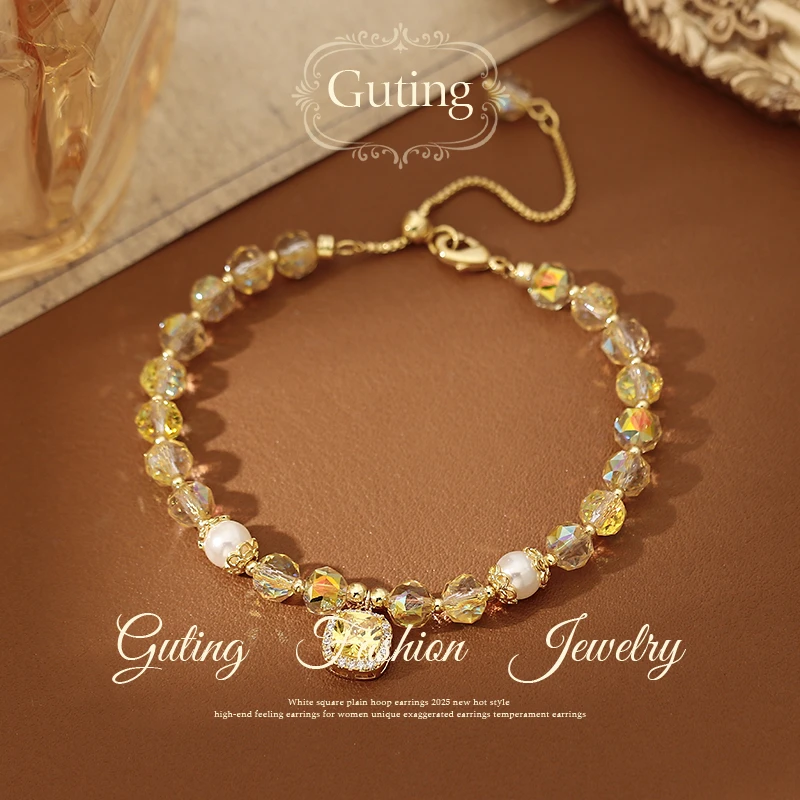 铜合金合成锆石手链 2726不规则黄色方糖手链女手串轻奢手饰品