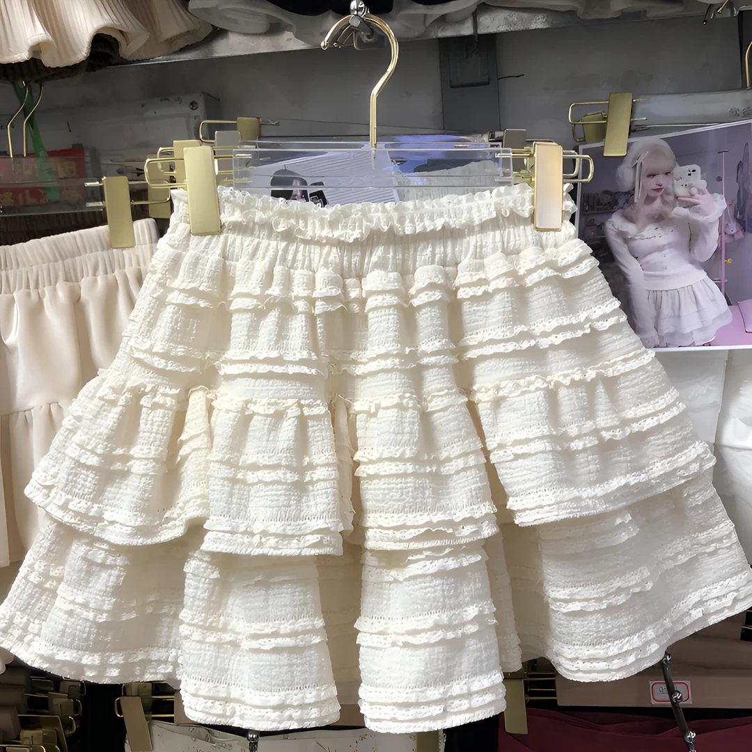 春日甜美软妹花边半身裙女春夏设计感小众时尚蓬蓬蕾丝蛋糕裙子