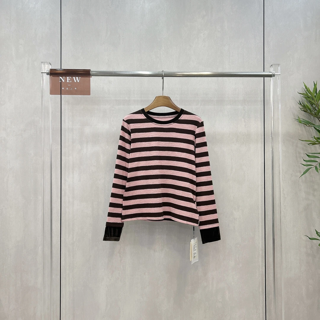 欧货冬季新款圆领撞色条纹拼接长袖T恤女百搭显瘦内搭上衣Z37237