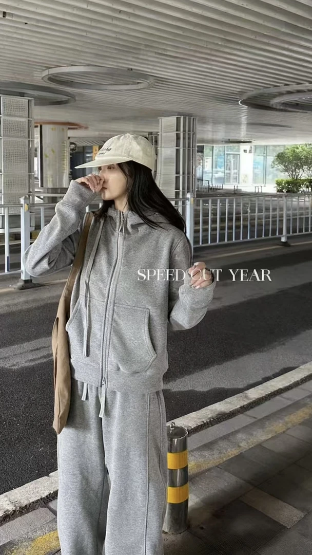 冬季重磅设计感立体拼接糯米绒连帽拉链开衫卫衣加绒套装586