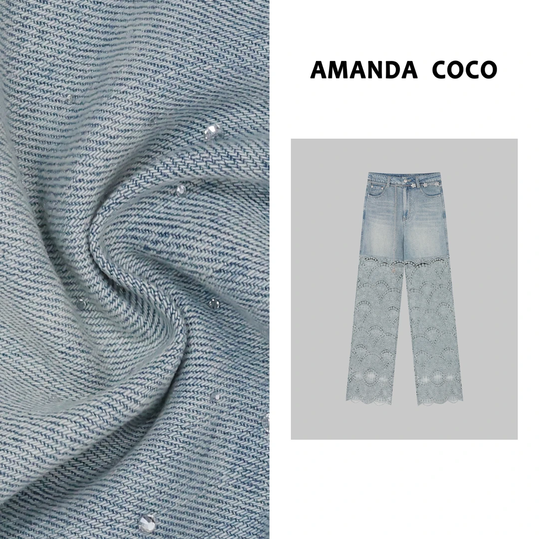 静静 | 春夏重工烫钻镂空蕾丝拼接休闲直筒牛仔裤