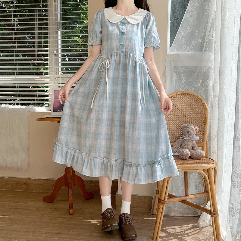 实拍甜美裙子女夏季新款海盐蓝娃娃领格子蝴蝶结中长款五一穿搭