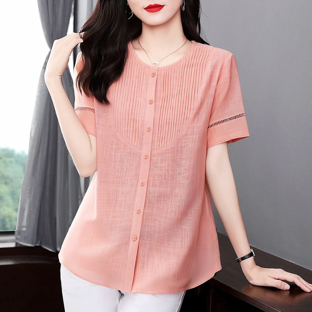 宽松大码短袖衬衫女夏季遮肚子宽松粉色上衣洋气女装2025新款衬衣