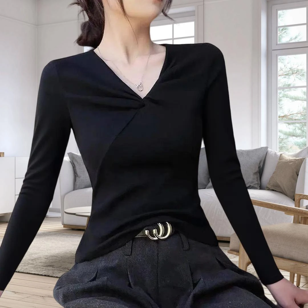 【早秋抽褶长袖】V领女内搭2025秋冬季新款显瘦扭结设计感气质上衣