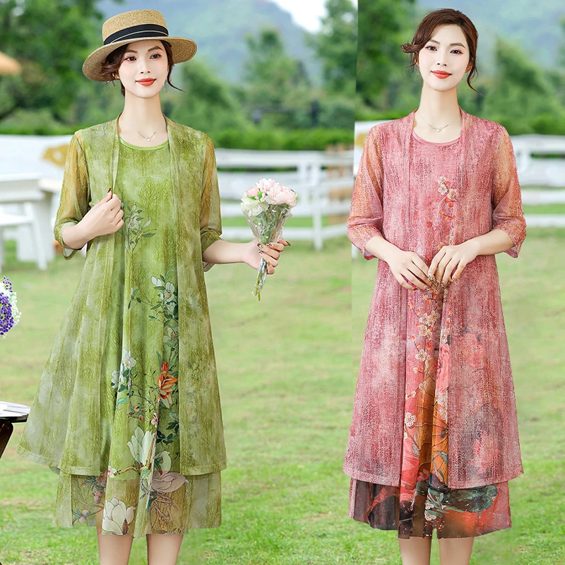 夏季新款妈妈装短袖印花两件套连衣裙中老年女装高档减龄显瘦