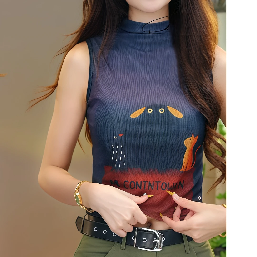 2025夏季新款立领动物印花设计网纱修身显瘦无袖设计感上衣女时尚