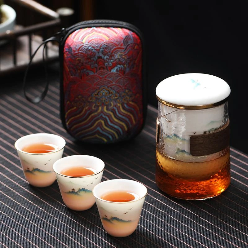 陶瓷快客杯瓷便携式功夫旅行茶具套装玻璃茶壶户外一壶三杯