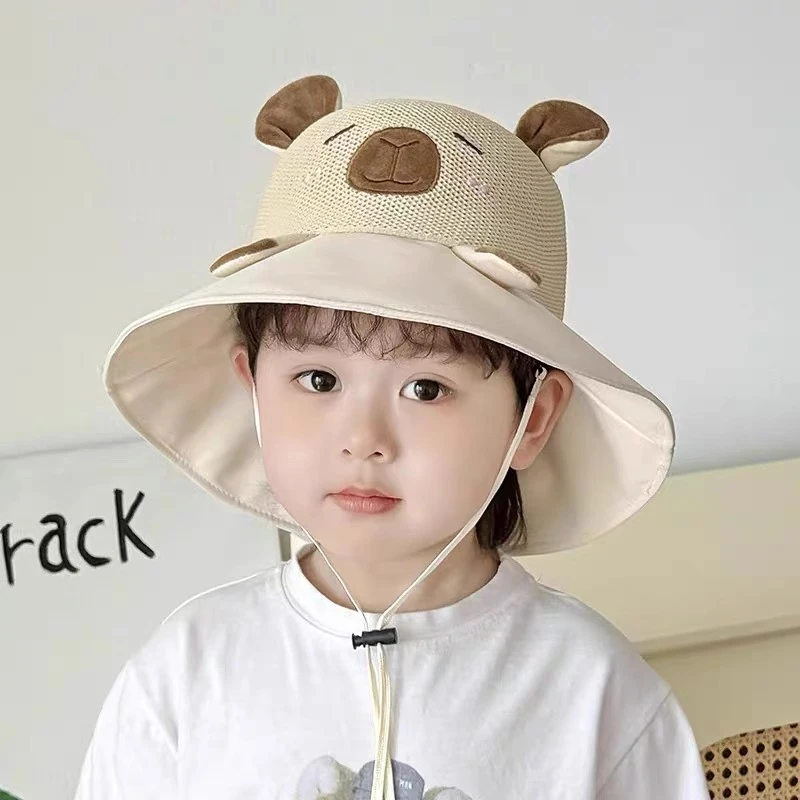 儿童卡皮巴拉渔夫帽女童春夏季大檐防晒网眼透气遮阳男宝宝太阳帽