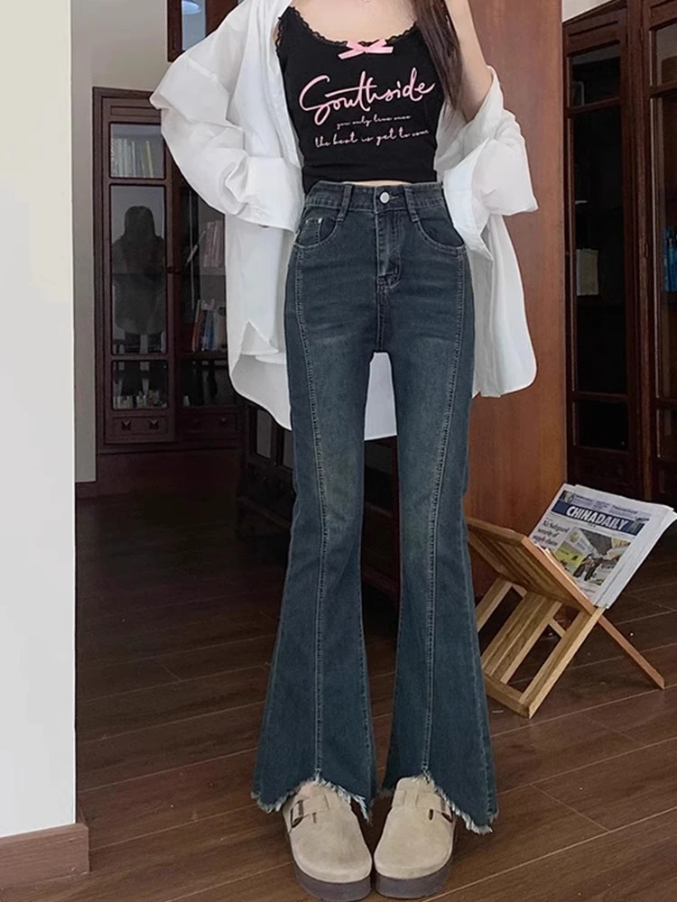 窄版微喇牛仔裤女2025春季新款毛边设计感胖mm高腰显瘦遮胯喇叭裤