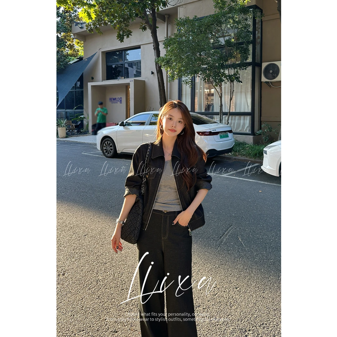 【雨薇】Liixu新款慵懒松弛感复古牛仔外套直筒裤两件套Y53TZM9041