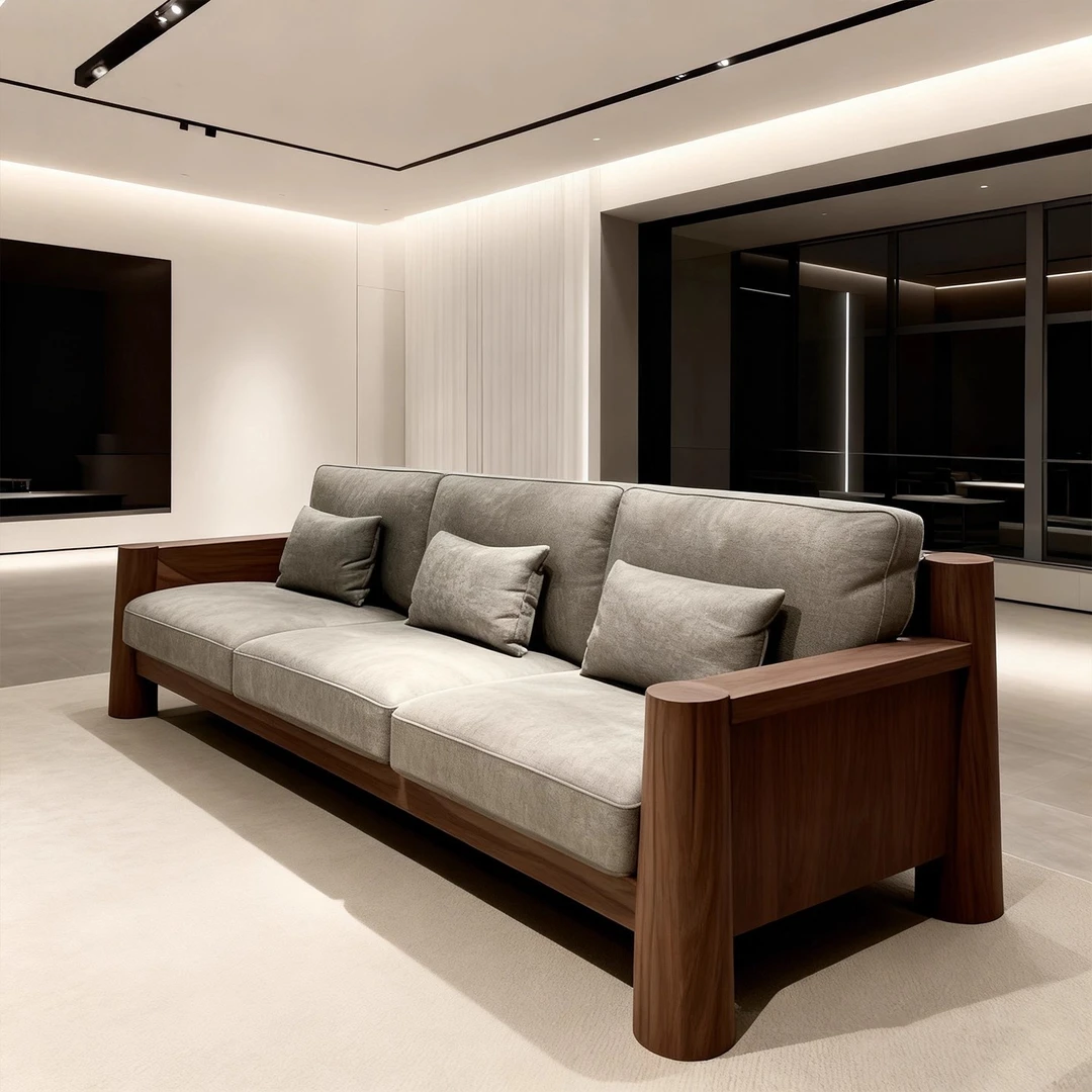 北美黑胡桃木沙发高端别墅客厅直排简约中古实木沙发宋式美学家具