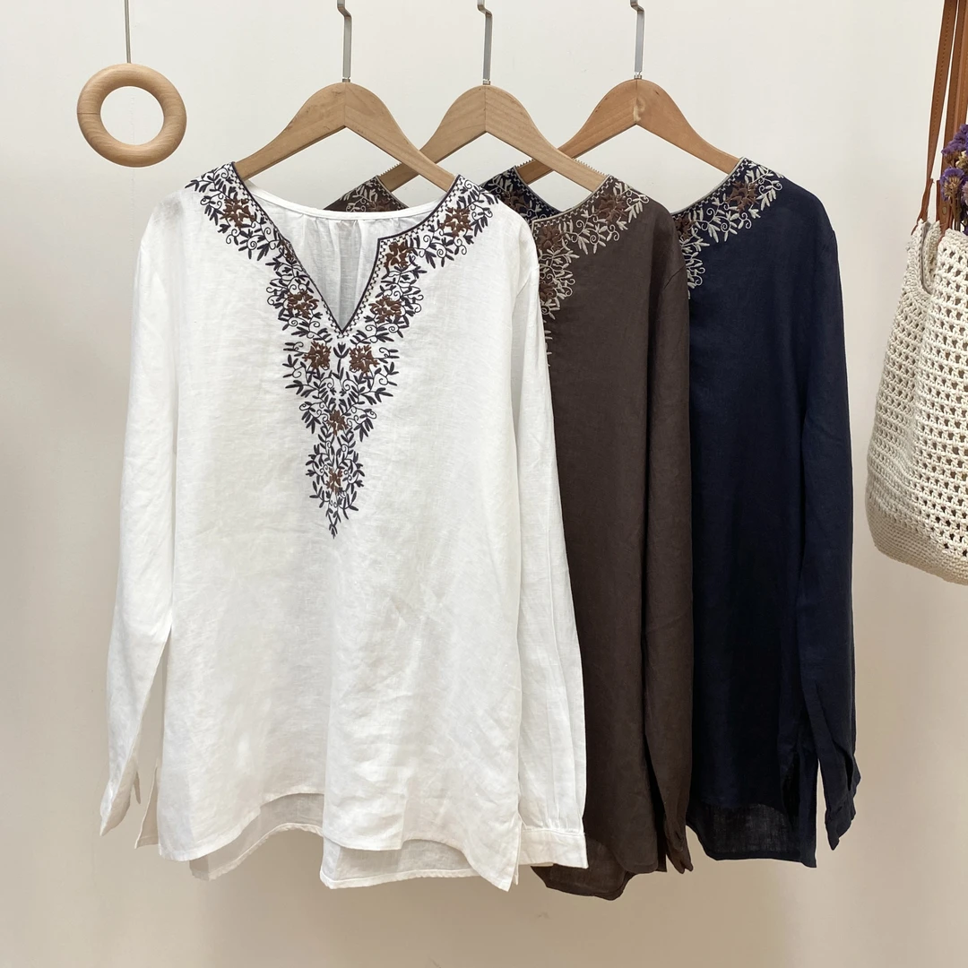 【双雨露亚麻】4495 V领重工叶子刺绣套头长袖衬衫