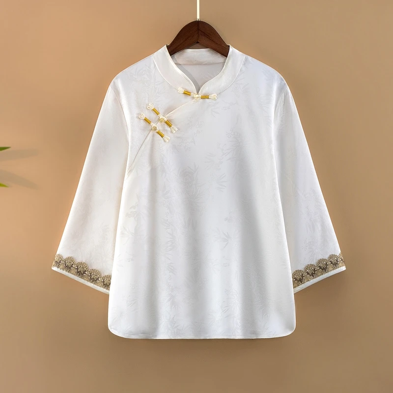 【竹莺】夏季2025新款上衣小衫女装新中式国风立领提花薄款长袖衬衫