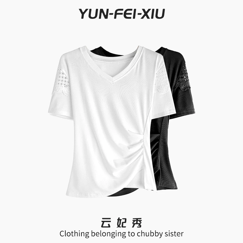 云妃秀大码女装T恤时尚纯色百搭宽松气质上衣减龄显瘦夏季77035