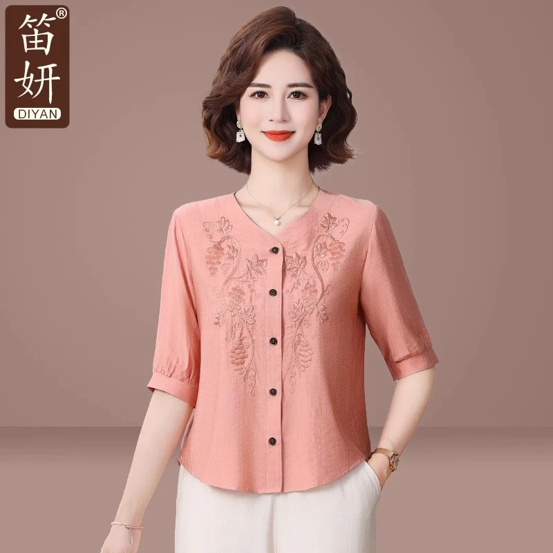 妈妈夏装新中式衬衫2025新款中老年国风五分袖上衣女夏季两件套装