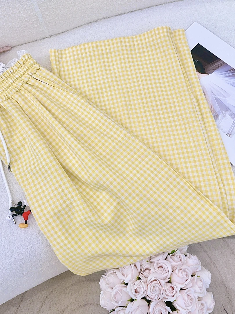 琳心丨夏季新款黄色高腰格子直筒休闲阔腿裤MS6818