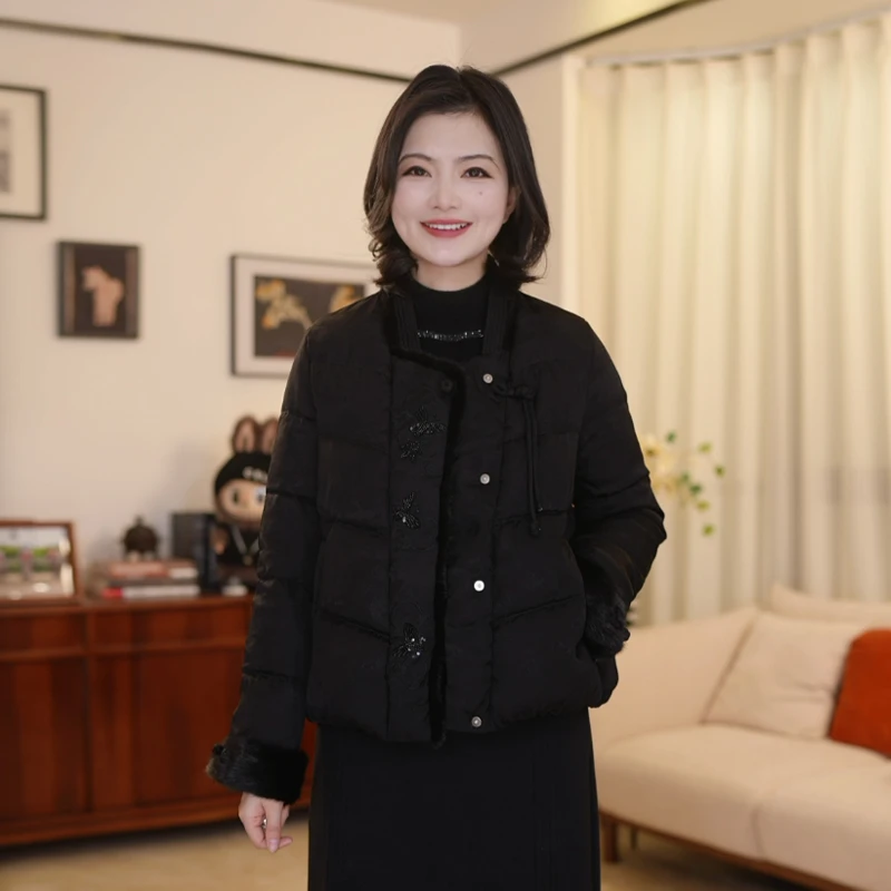 枫竺阿楠anan 灵韵生辉 90白鸭绒新中式冬装提花貂毛盘扣羽绒服女