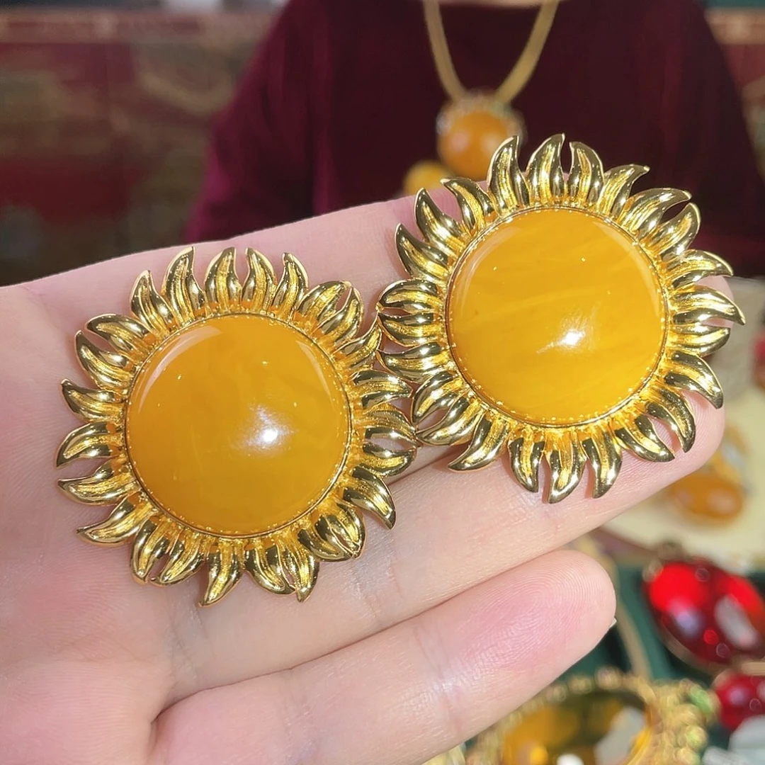 蜜蜡耳钉银S925镀金镶嵌