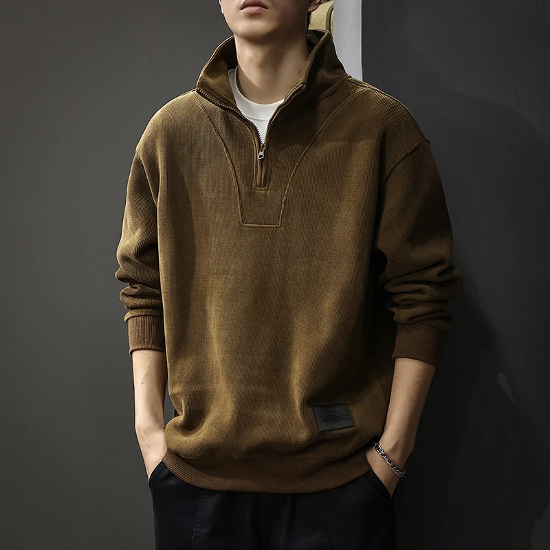 秋季美式加大码重磅灯芯绒卫衣男复古长袖polo衫宽松半拉链卫衣男