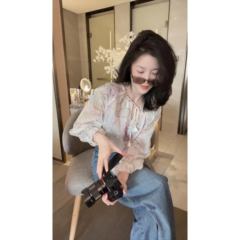 悦悦专属【见花 见月 见自己】重工设计感立体刺绣系带衬衣Y140