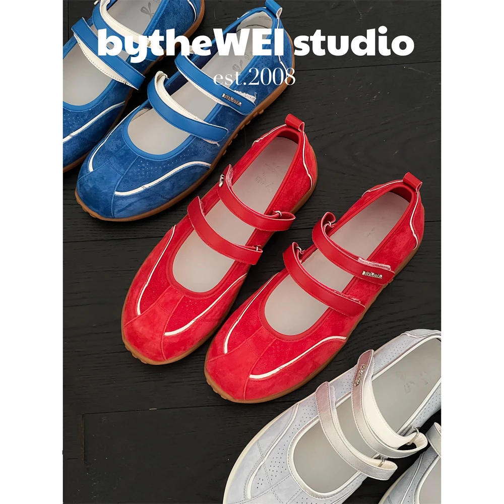 bytheWEI【博主玛丽珍】孔雀蓝小蓝鞋真皮运动芭蕾风玛丽珍鞋女单鞋