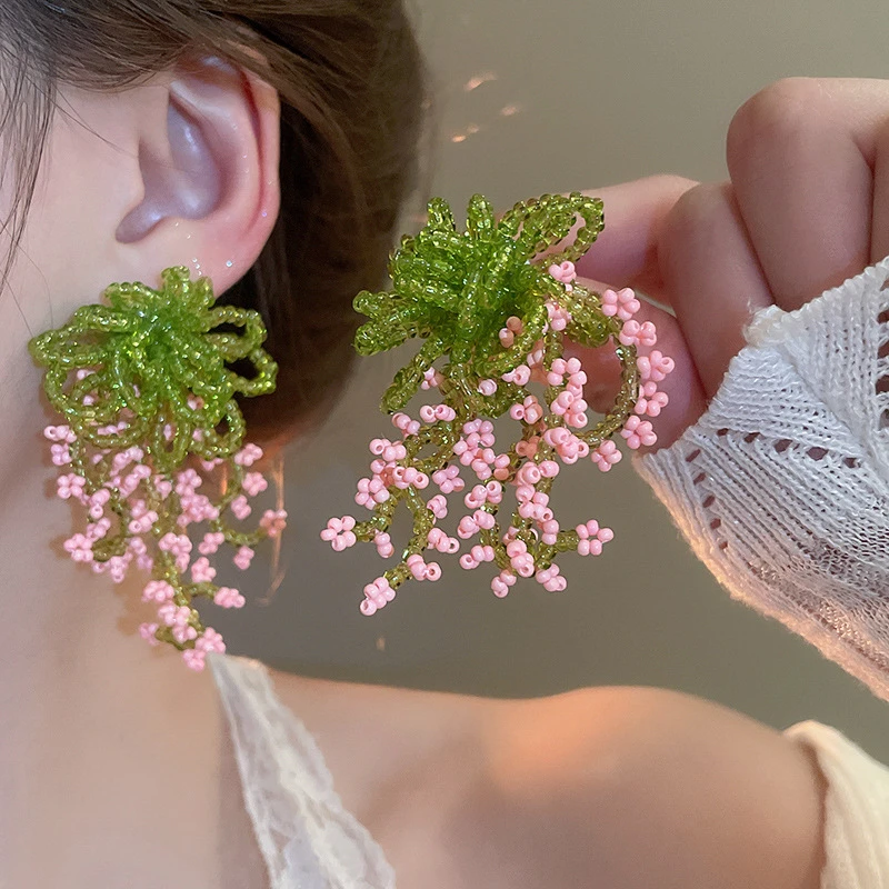 铜合金耳饰 满园春色绝美串珠流苏耳钉清新甜美撞色耳环森系耳饰