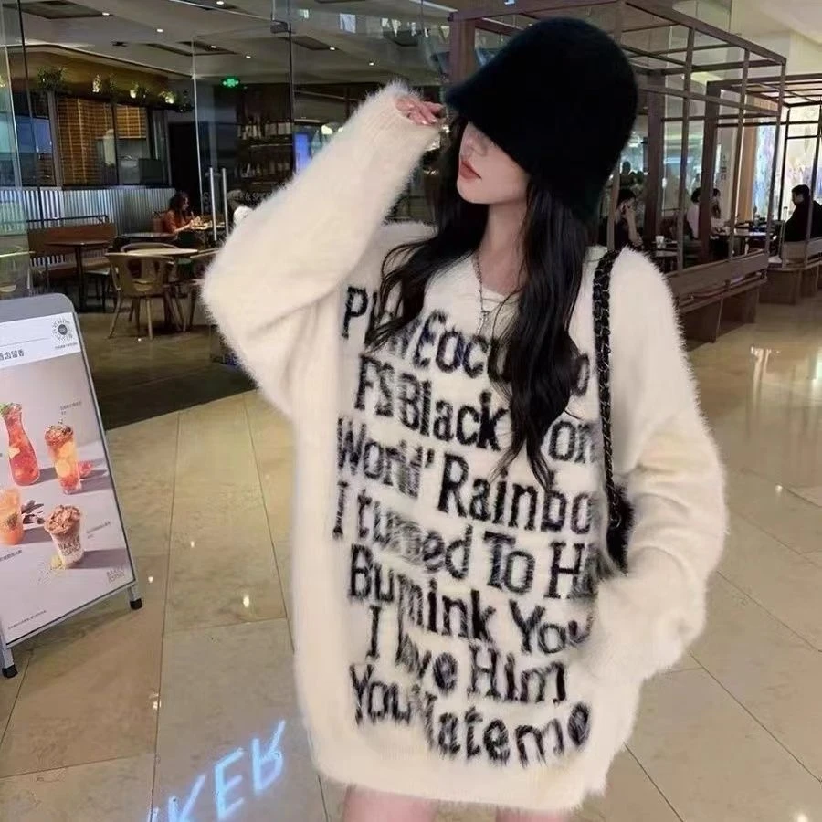 美式字母提花圆领水貂绒毛衣女秋冬慵懒风时尚宽松针织衫上衣外穿