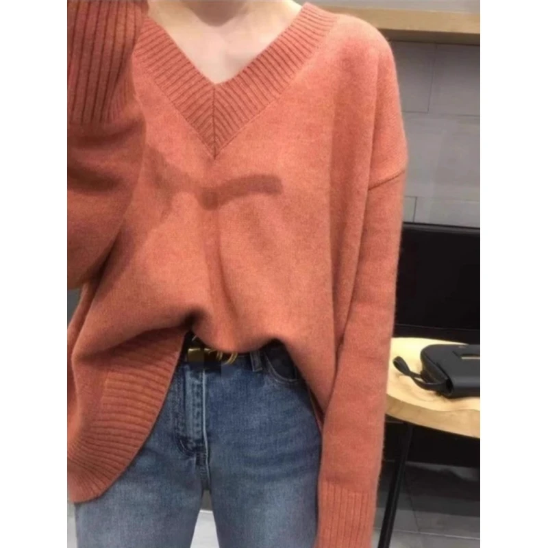 清仓橘色v领针织衫打底衫女春秋毛衣内搭加厚套头宽松慵懒风上衣