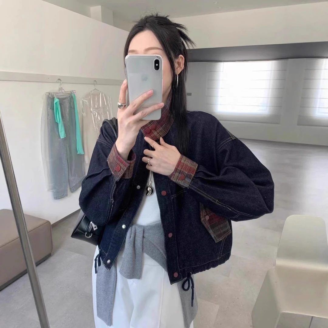 复古美式格子拼接牛仔长袖外套女嘻哈街头甜酷机车宽松夹克开衫