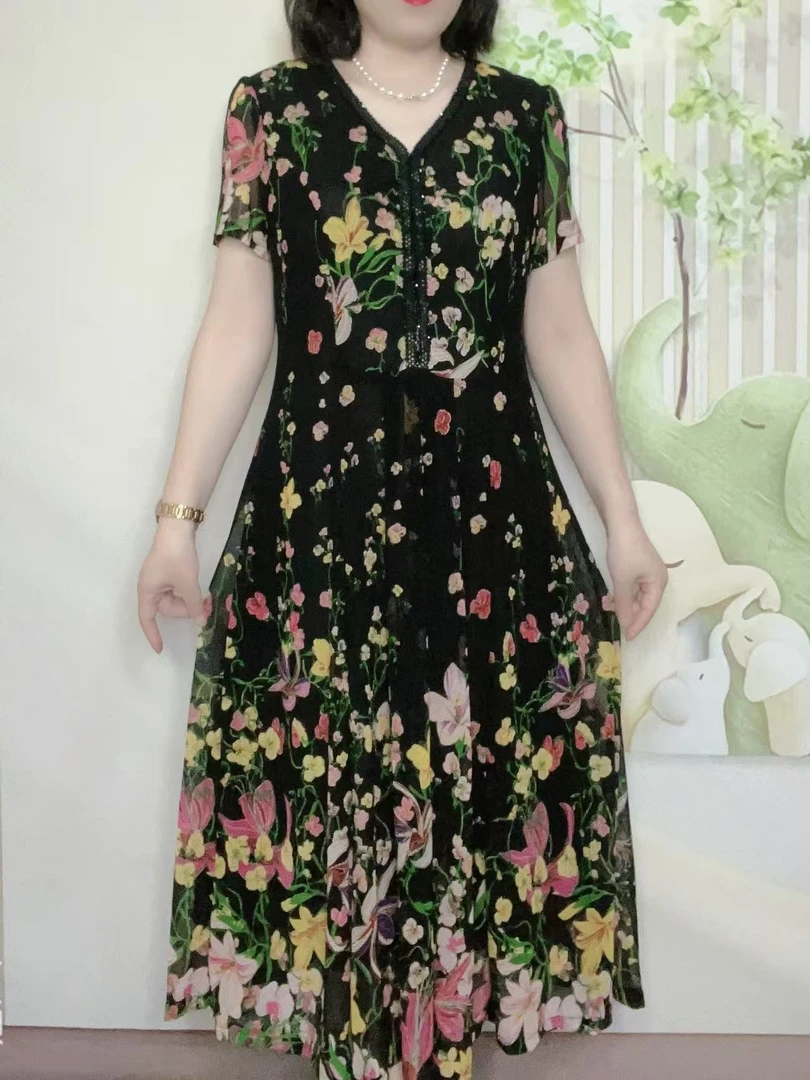 2025夏季新款显瘦妈妈裙连衣裙大码中长款连衣裙