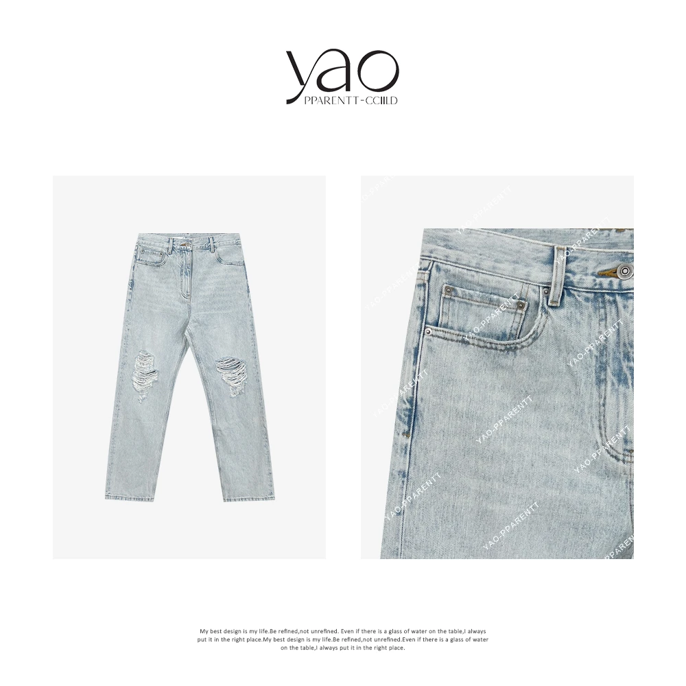 YAO PPARENTT-CCIILD早春RO`风街头水洗破洞美式直筒牛仔裤Y2528
