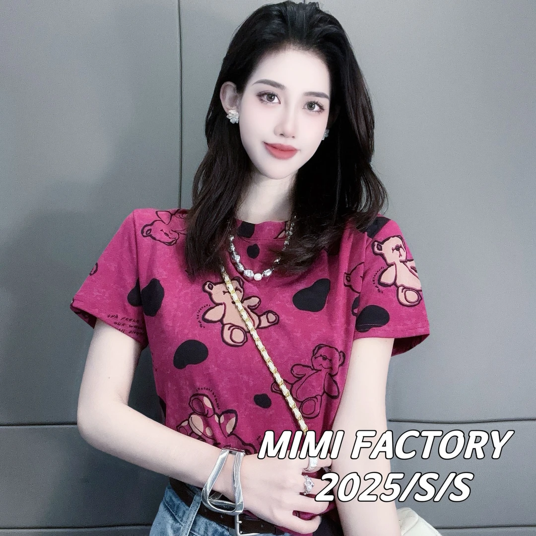 芈芈 2025新款短袖 满印可爱小熊印花短袖T恤女修身显瘦上衣2743#