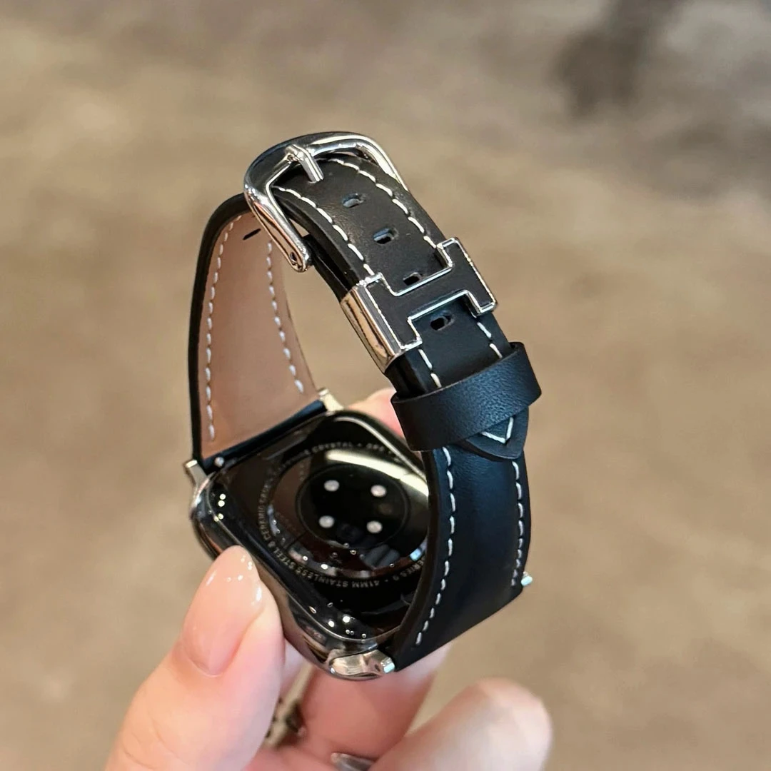 新款H形穿扣皮质苹果手表表带适用于Apple Watch10SE2iwatch789女