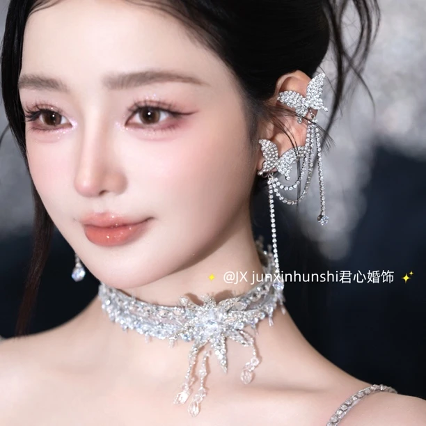 合金耳饰 君心家 百搭甜美亮钻蝴蝶耳夹一对（无项链）新娘饰品耳饰