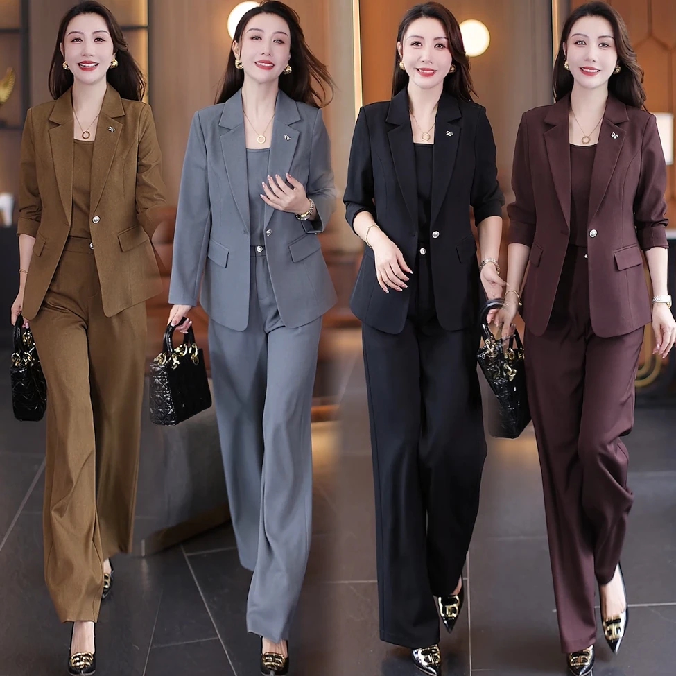 时尚套装女2025秋季新款高级感气质收腰显瘦西装外套阔腿裤三件套