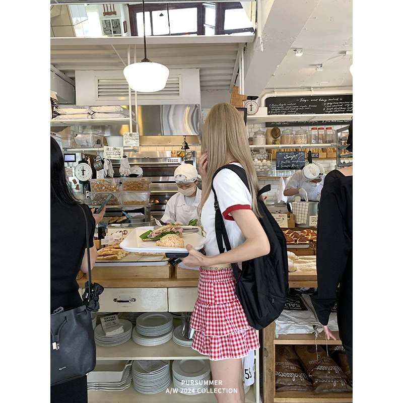 【清清！朴夏Pursummer】红色格子半身裙短裙韩系蓬蓬裙子B20909PR42