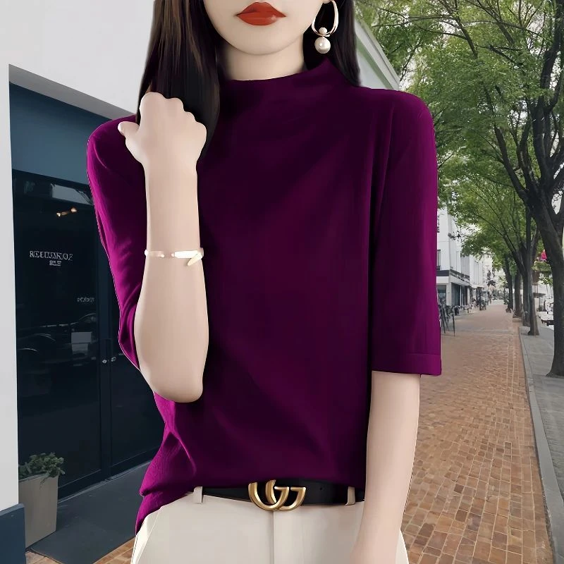 高级紫红色半高领五分袖针织衫毛衣女春秋新款修身中袖打底衫上衣