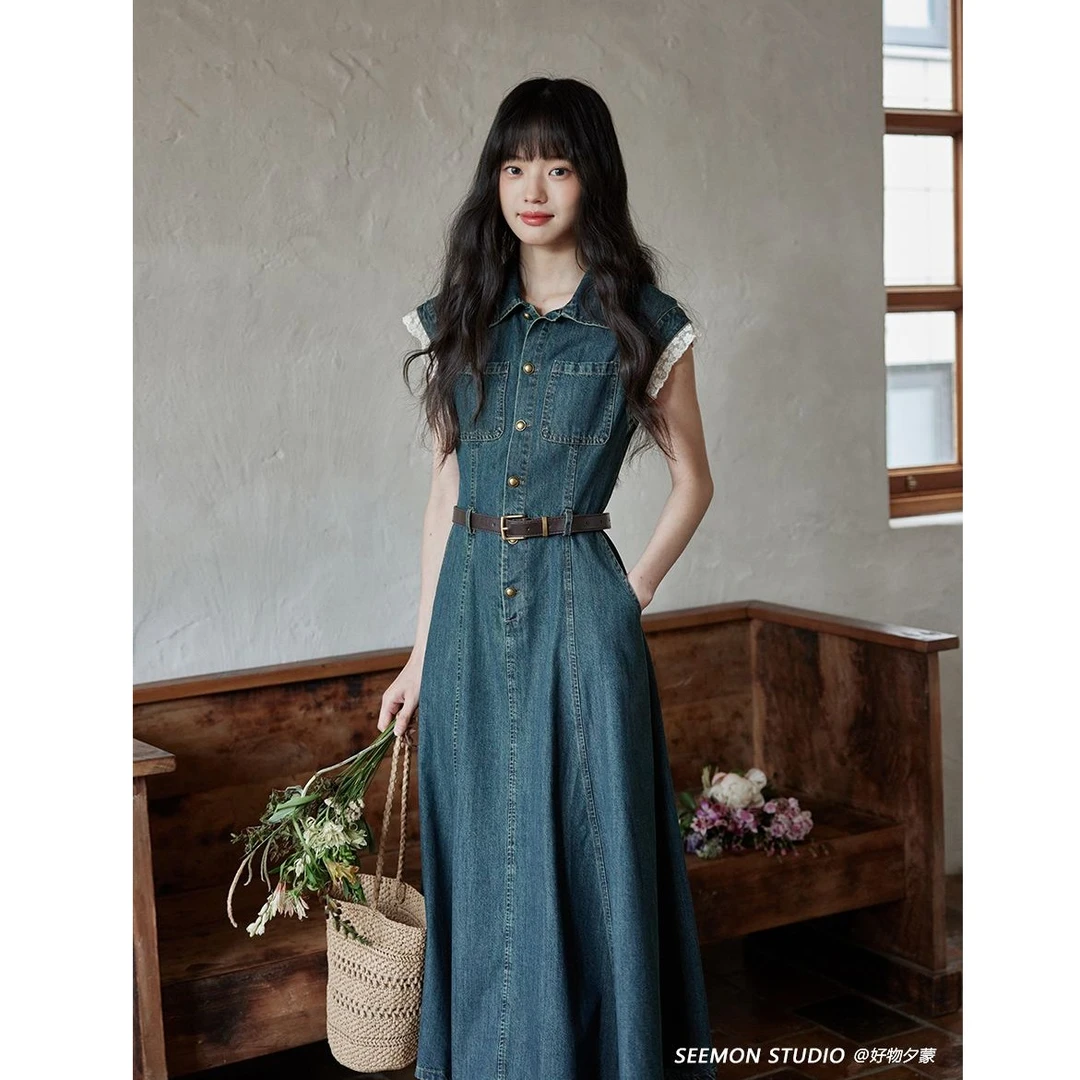 2025新款夏气质裙子独特别致小众高级小个子复古牛仔连衣裙女潮